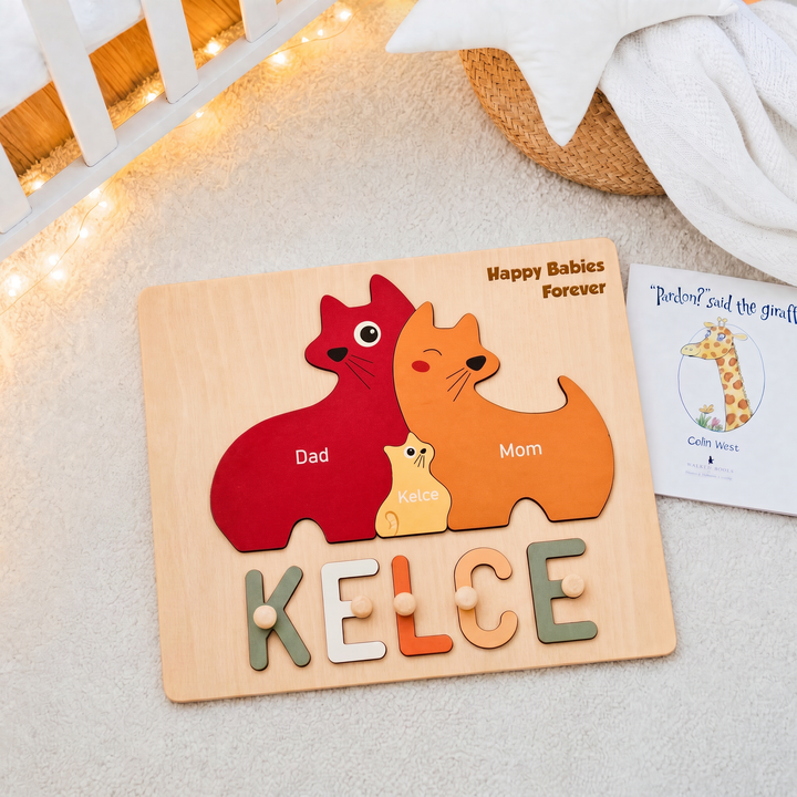 Personalisiertes Baby-Namenspuzzle aus Holz - Familienkatze