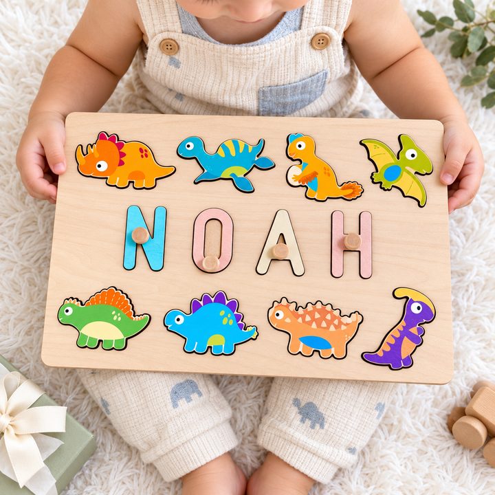 Personalized Wooden Baby Name Puzzle - Dinosaurs woodemon