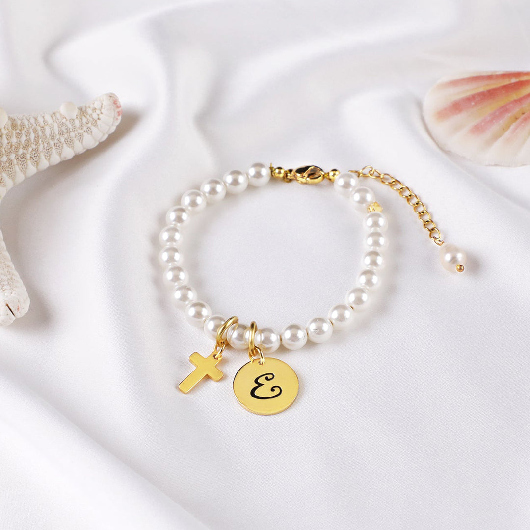Personalized Childrens Pearl Bracelet with Initial and Cross Charm