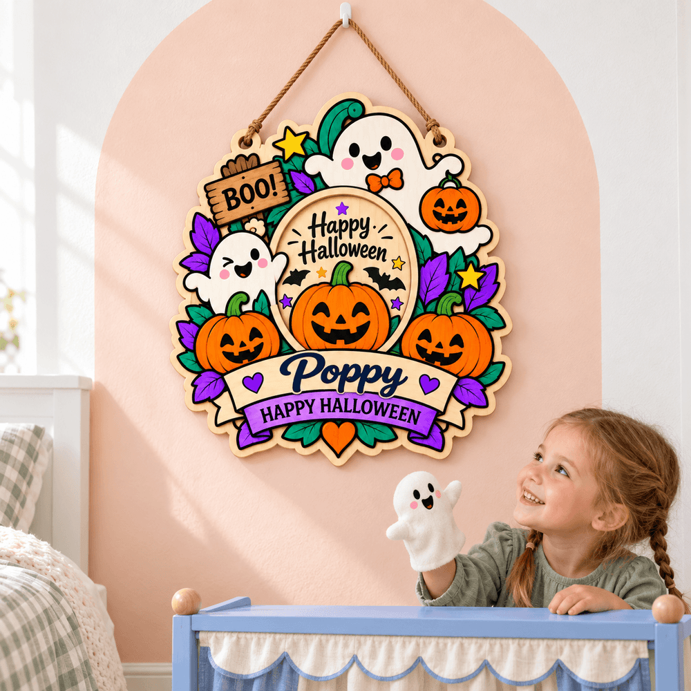 Personalized Kids Halloween Name & Photo Sign for Door & Wall Woodemon
