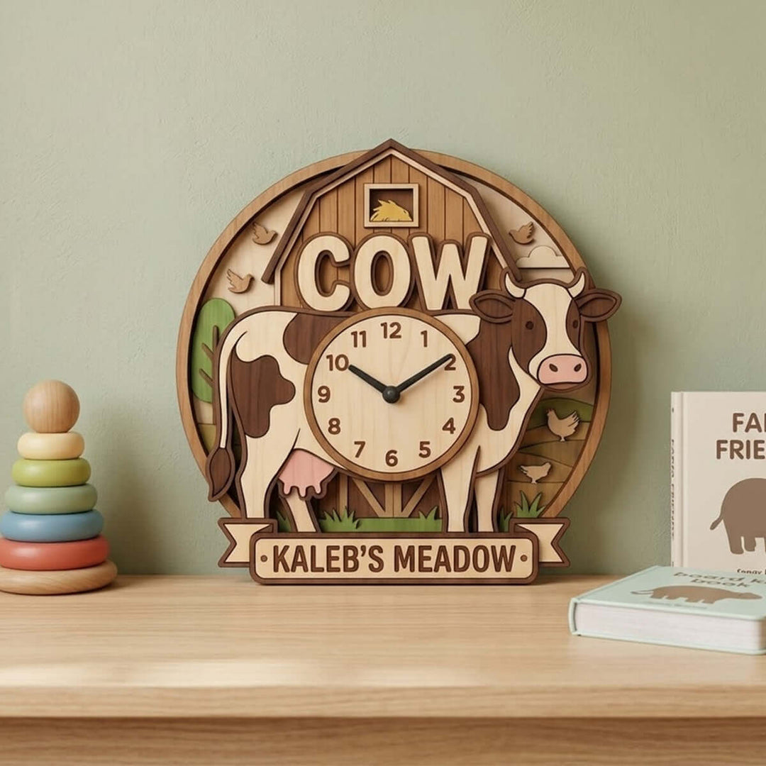 Personalized Farm Animal Wall Clock with Custom Name for Kids Woodemon