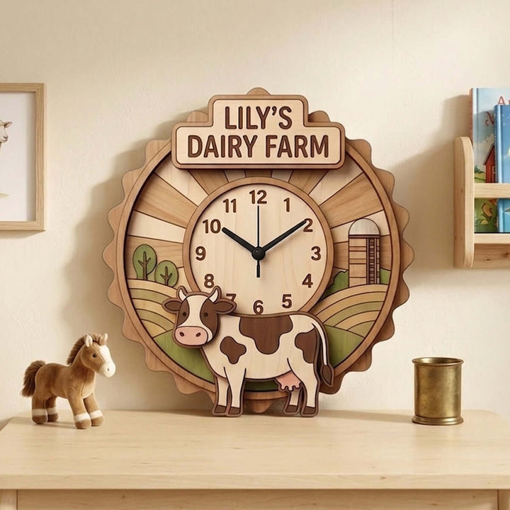 Personalized Farm Animal Wall Clock with Custom Name for Kids Woodemon