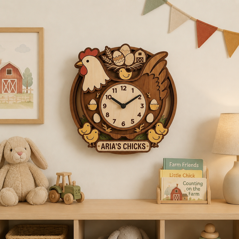 Personalized Farm Animal Wall Clock with Custom Name for Kids Woodemon