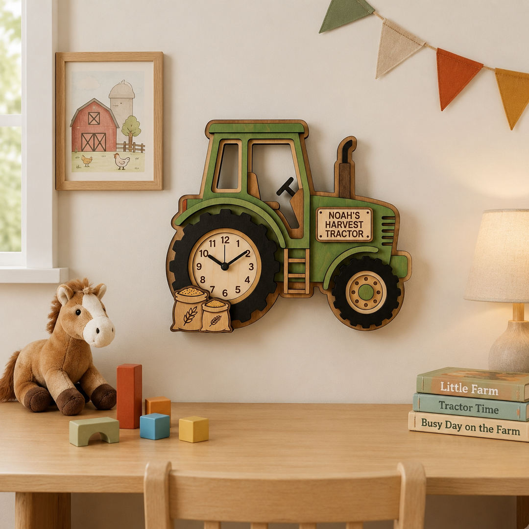 Personalized Farm Animal Wall Clock with Custom Name for Kids Woodemon