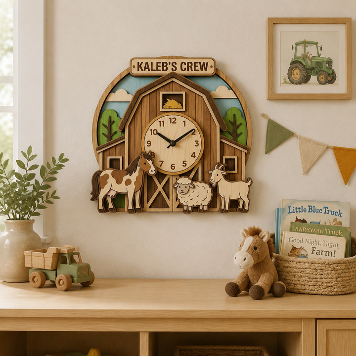 Personalized Farm Animal Wall Clock with Custom Name for Kids Woodemon
