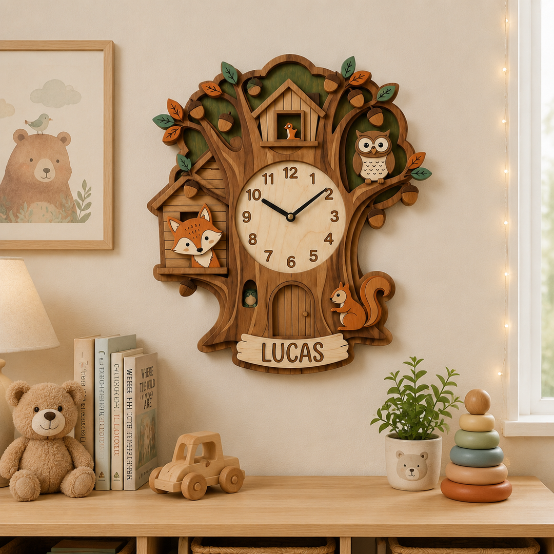 Personalized Animal Wall Clock with Custom Name for Kids Woodemon