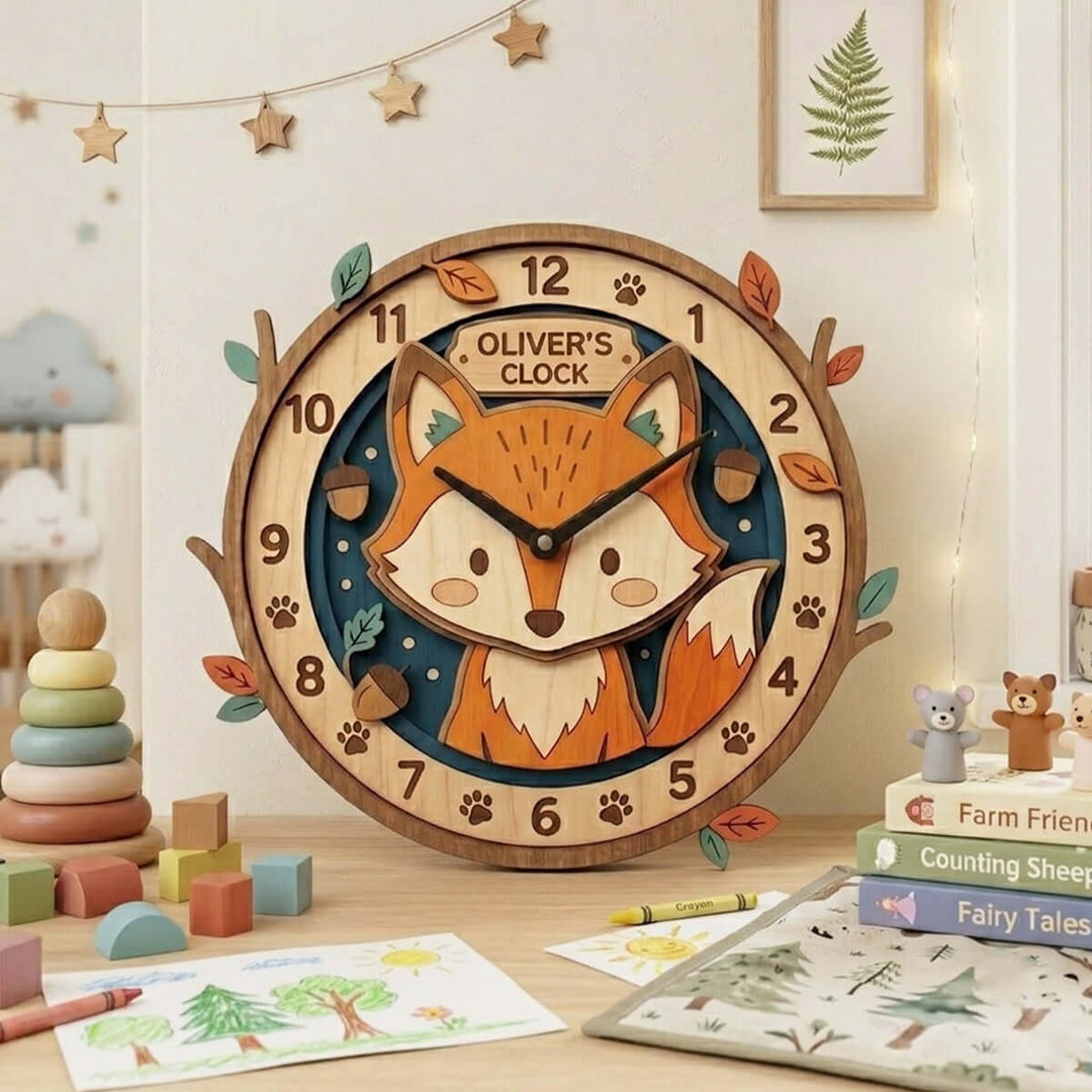 Personalized Animal Wall Clock with Custom Name for Kids Woodemon