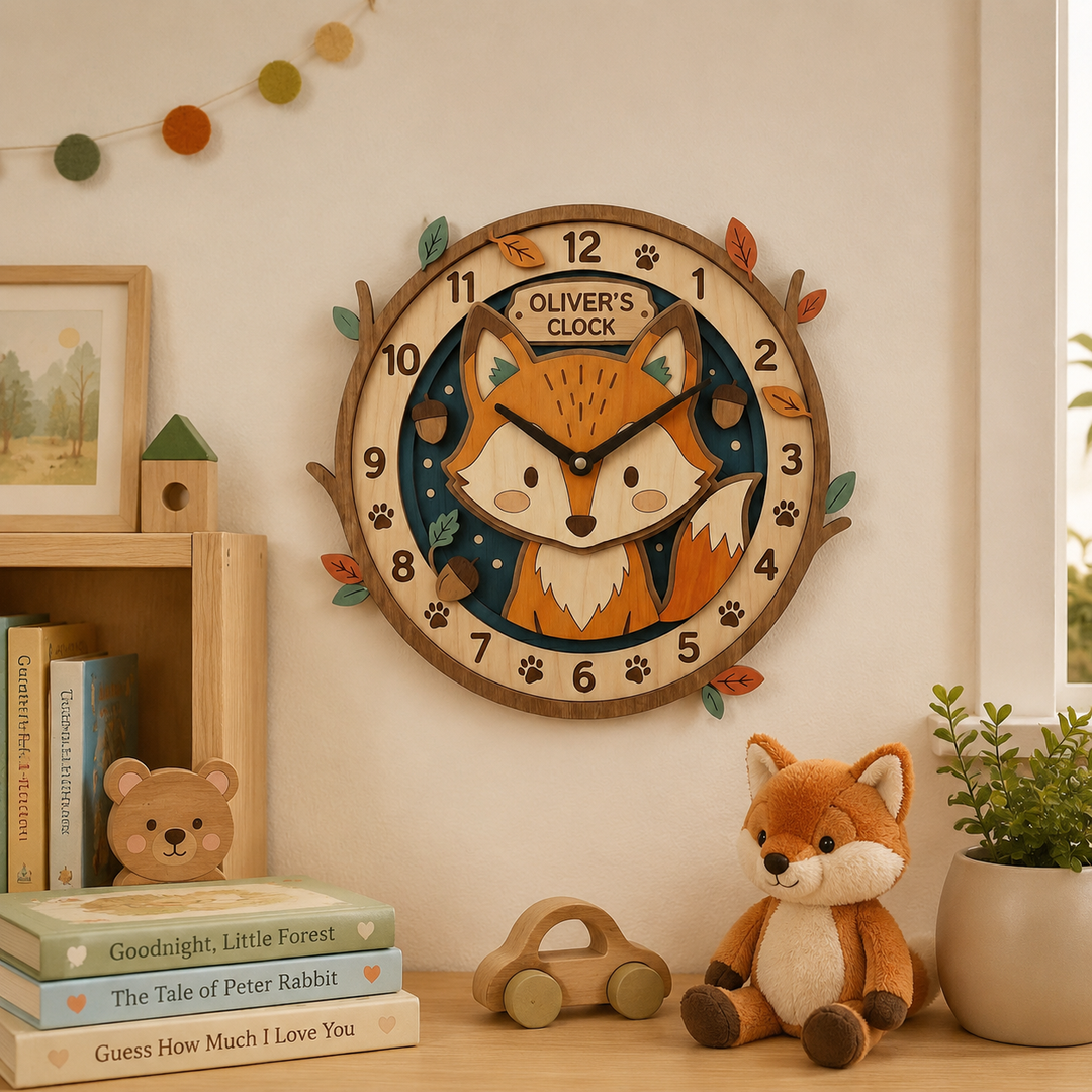 Personalized Animal Wall Clock with Custom Name for Kids Woodemon