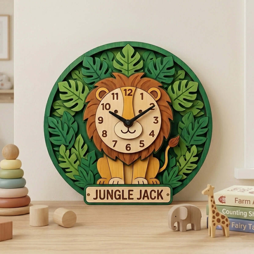 Personalized Animal Wall Clock with Custom Name for Kids Woodemon