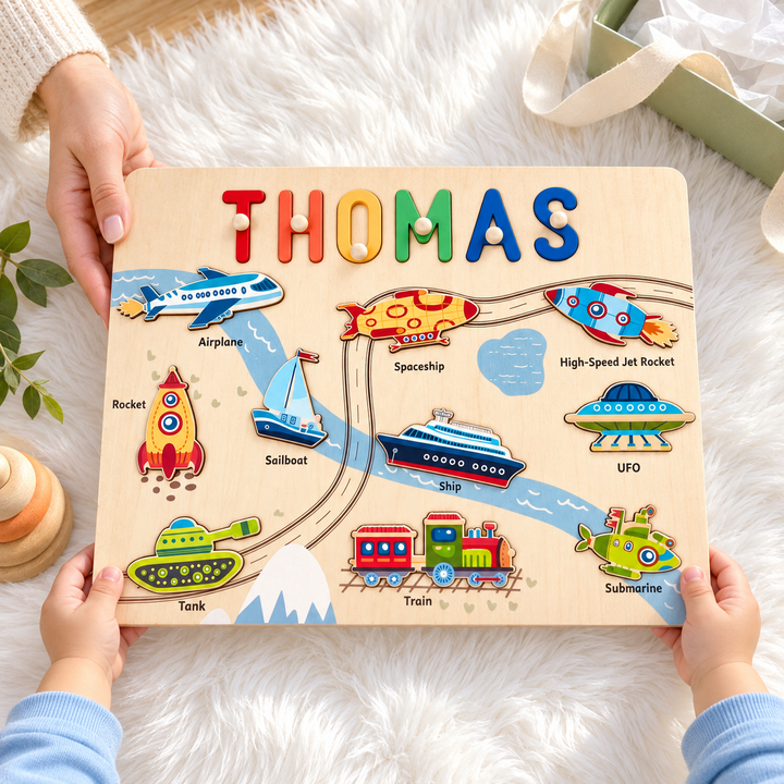 Personalized Wooden Name Puzzle - Vehicle Learning Toy for Toddlers woodemon