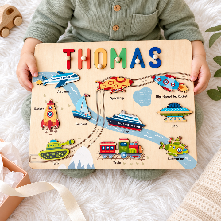 Personalized Wooden Name Puzzle - Vehicle Learning Toy for Toddlers woodemon
