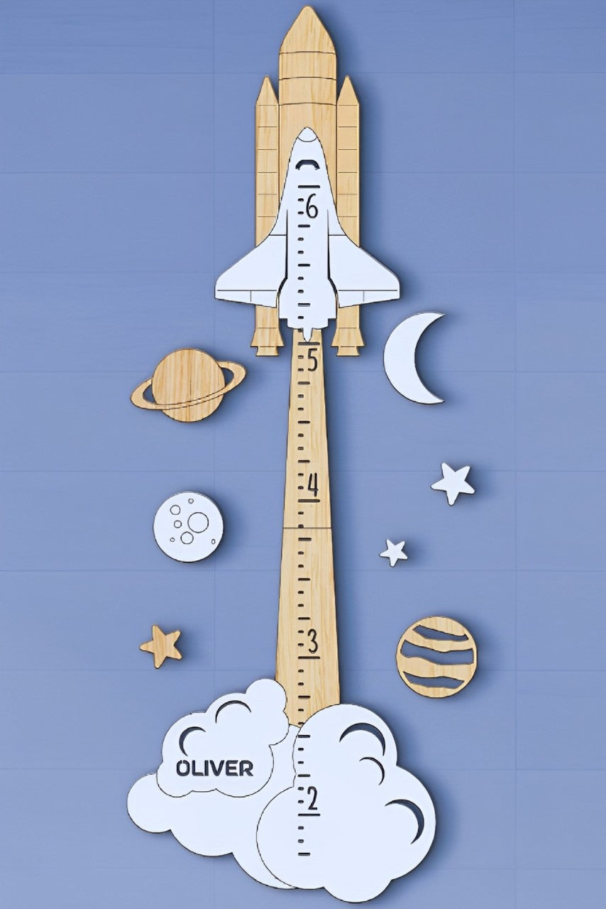 Personalized Wooden Space Rocket Growth Chart Ruler - White + Natural