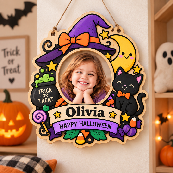 Personalized Kids Halloween Name & Photo Sign for Door & Wall Woodemon