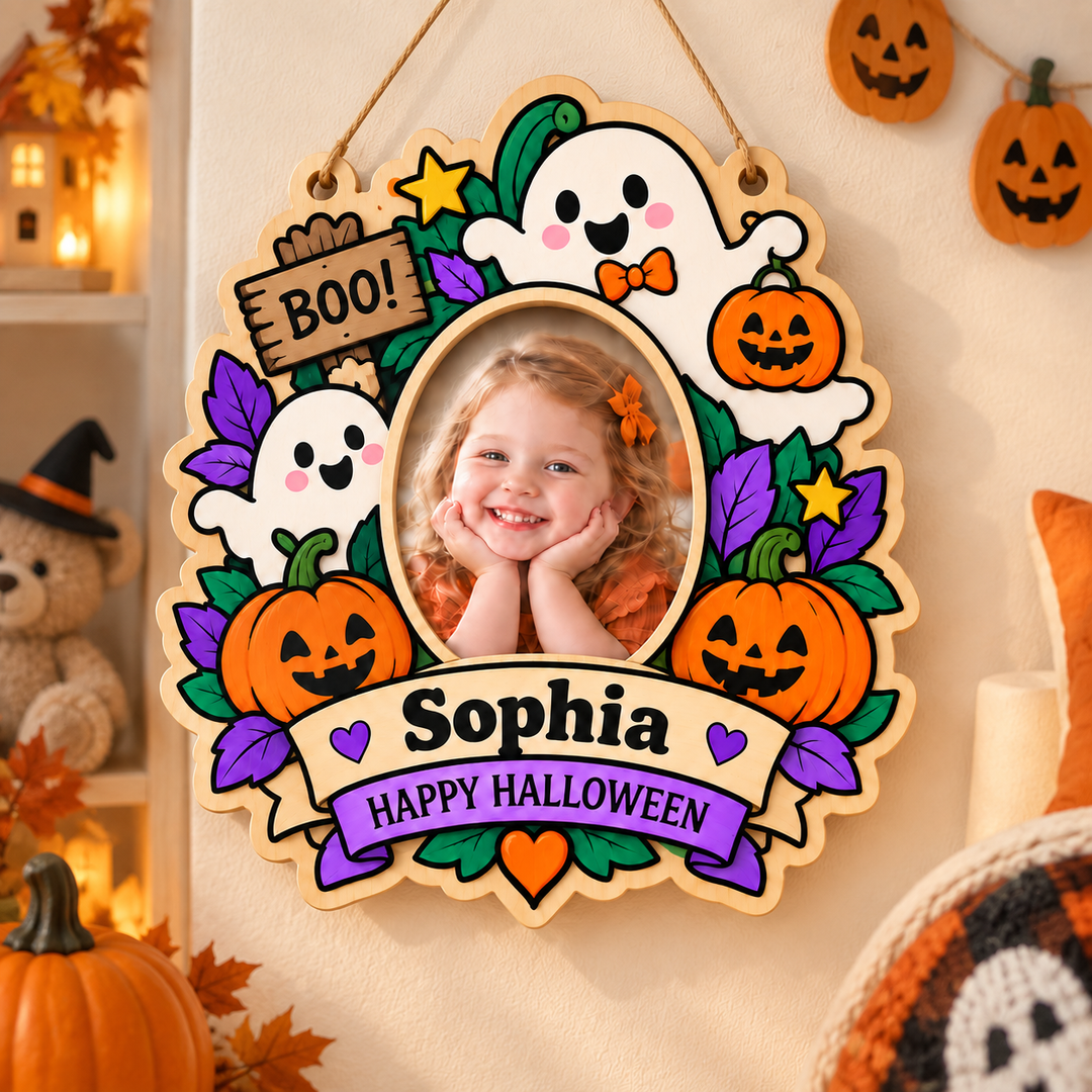 Personalized Kids Halloween Name & Photo Sign for Door & Wall Woodemon