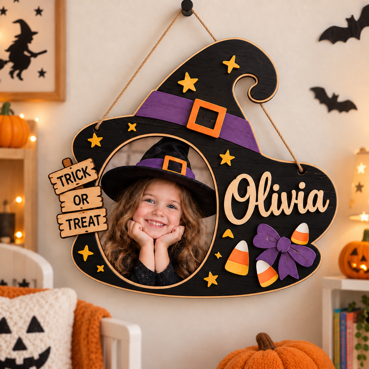 Personalized Kids Halloween Name & Photo Sign for Door & Wall Woodemon