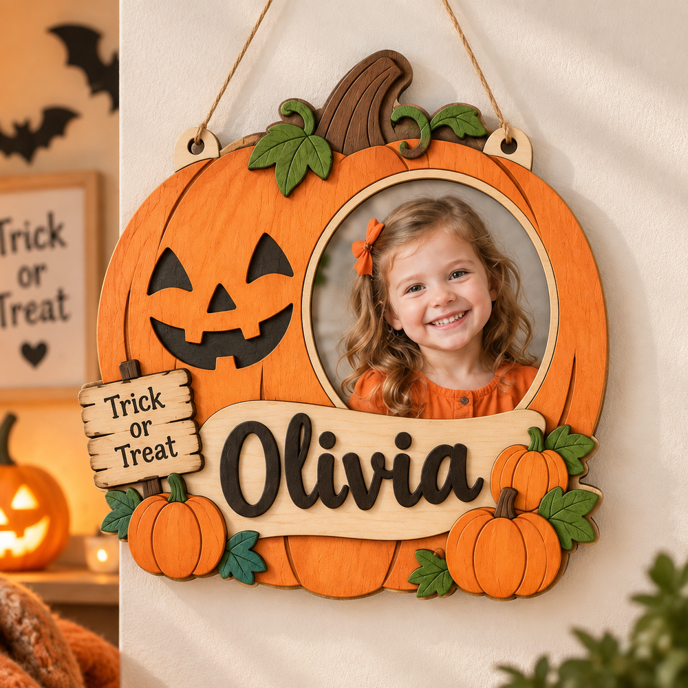 Personalized Kids Halloween Name & Photo Sign for Door & Wall Woodemon