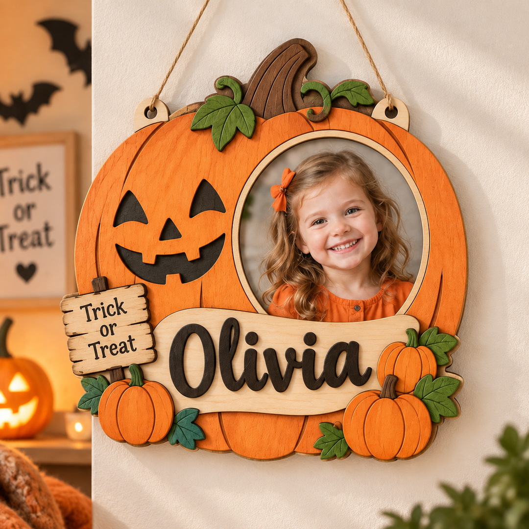 Personalized Kids Halloween Name & Photo Sign for Door & Wall Woodemon