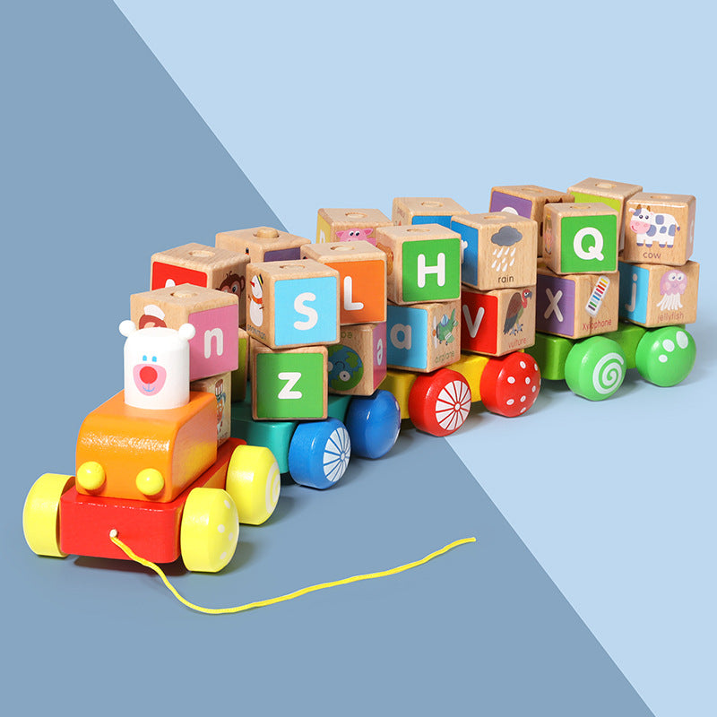 Pull Along Wooden Train Toys 26 PCS Alphabet Letters Block Set