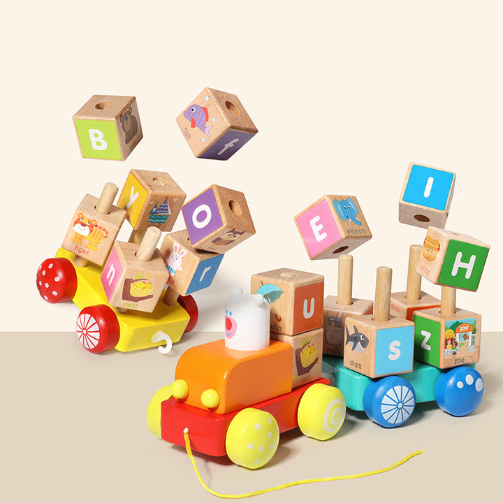 Pull Along Wooden Train Toys 26 PCS Alphabet Letters Block Set