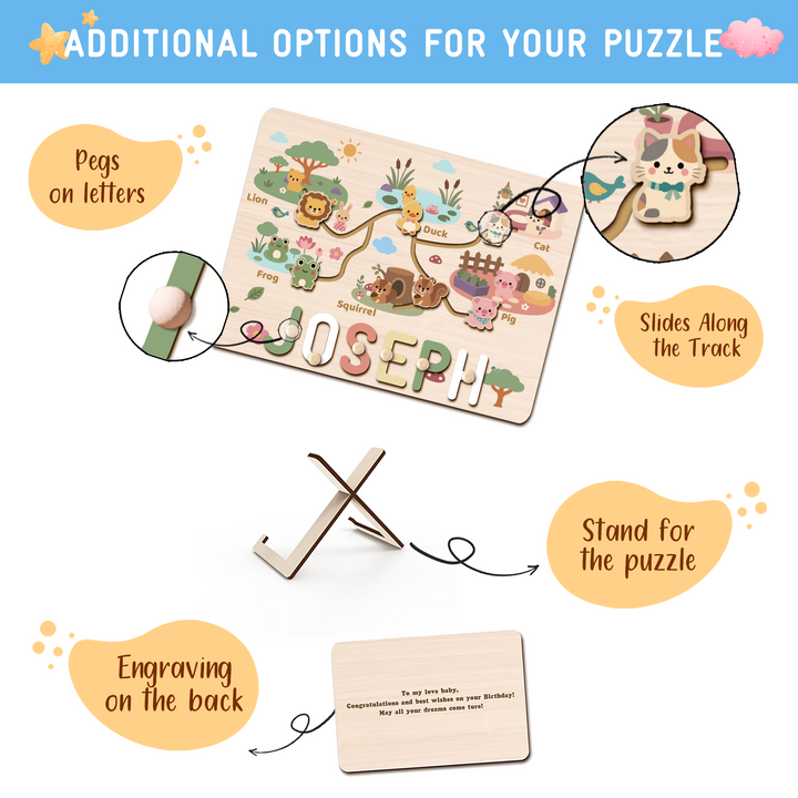 Personalized Montessori Animal Sliding Name Puzzle Woodemon