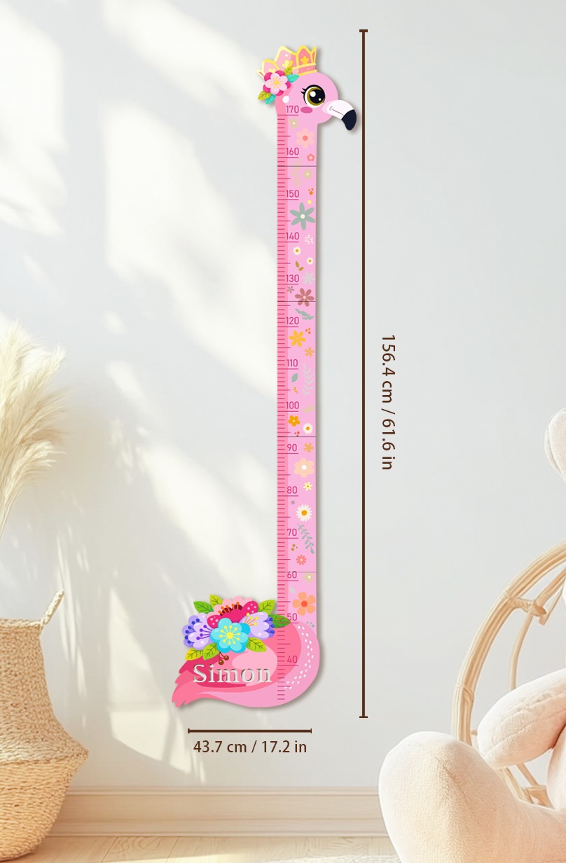 Personalized Pink Flower Flamingo Wooden Growth Chart for Kids