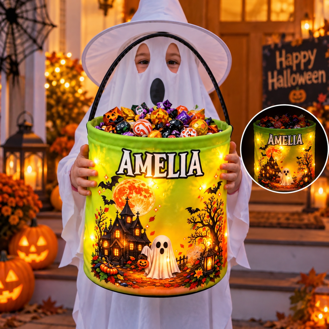 Personalized LED Halloween Candy Bucket Bag for Kids Trick or Treat Woodemon
