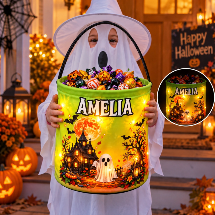 Personalized LED Halloween Candy Bucket Bag for Kids Trick or Treat Woodemon