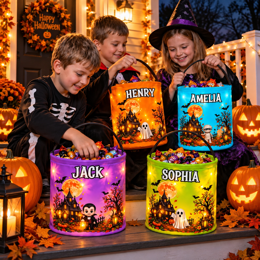 Personalized LED Halloween Candy Bucket Bag for Kids Trick or Treat Woodemon