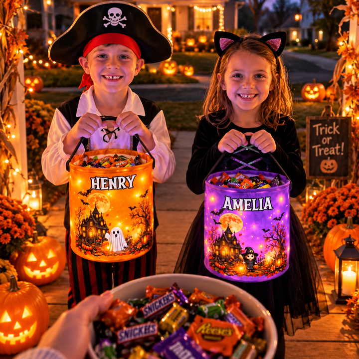 Personalized LED Halloween Candy Bucket Bag for Kids Trick or Treat Woodemon