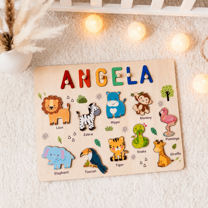 Personalisierte Holzname-Puzzle - Safari-Tier-Lernspielzeug für Kleinkinder