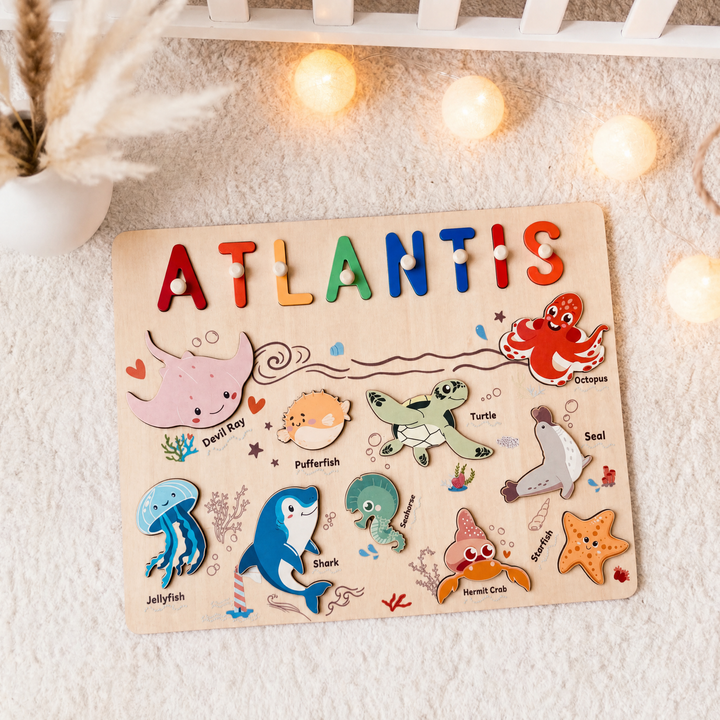 Personalisierte Holzname-Puzzle - Ozean-Tier-Spielzeug für Kleinkinder