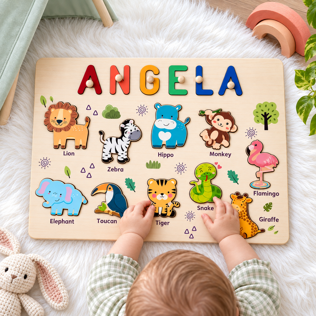 Personalized Wooden Name Puzzle - Safari Animal Learning Toy for Toddlers woodemon