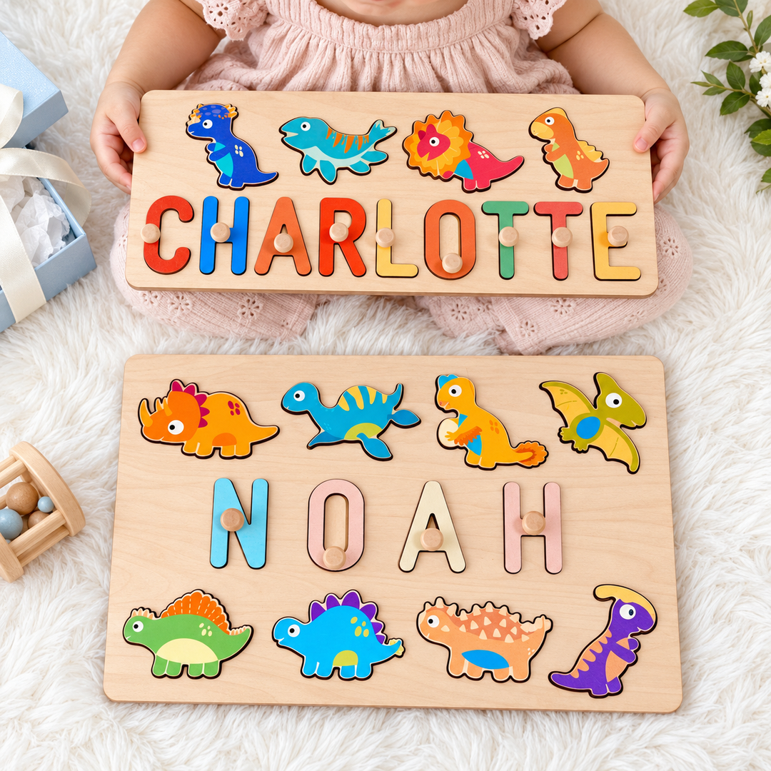 Personalized Wooden Baby Name Puzzle - Dinosaurs woodemon