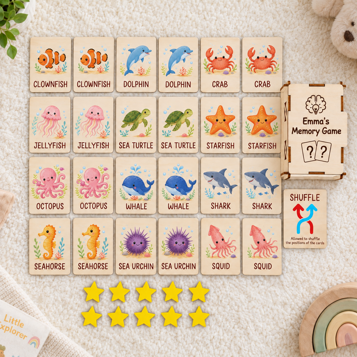 Personalized Wooden Ocean Animal Memory Matching Game for Kids Woodemon