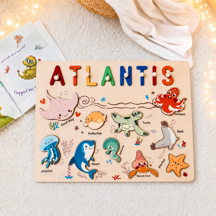 Personalisierte Holzname-Puzzle - Ozean-Tier-Spielzeug für Kleinkinder