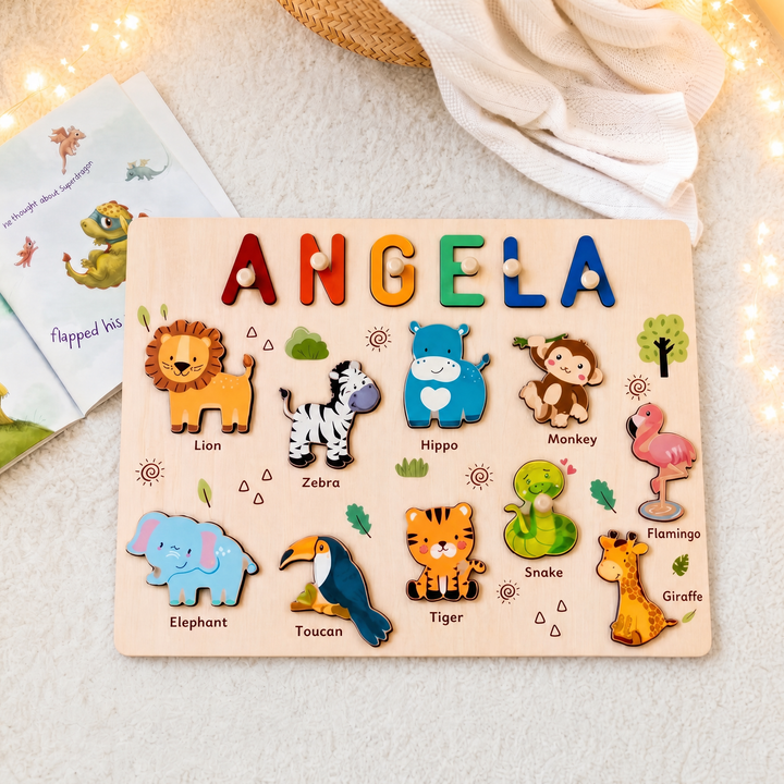 Personalisierte Holzname-Puzzle - Safari-Tier-Lernspielzeug für Kleinkinder