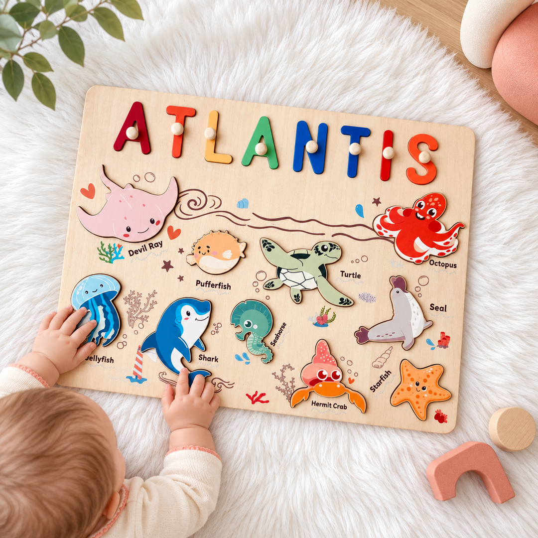 Personalized Wooden Name Puzzle - Ocean Animal Toy for Toddlers woodemon