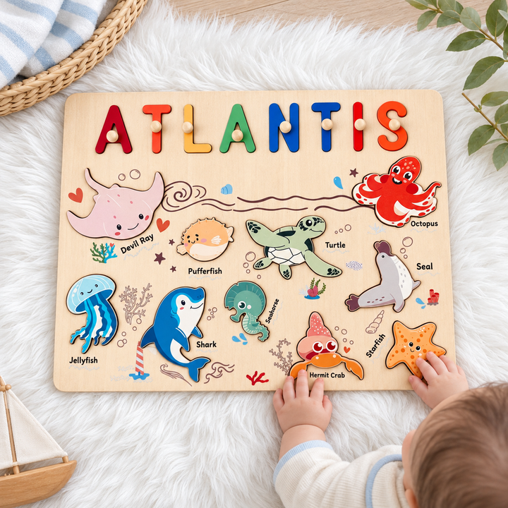 Personalized Wooden Name Puzzle - Ocean Animal Toy for Toddlers woodemon