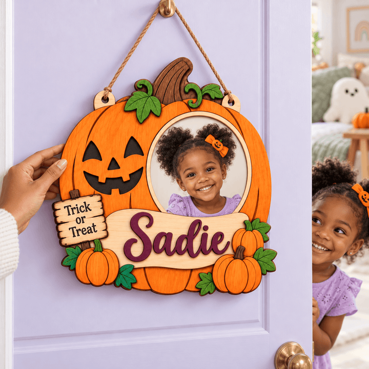 Personalized Kids Halloween Name & Photo Sign for Door & Wall Woodemon