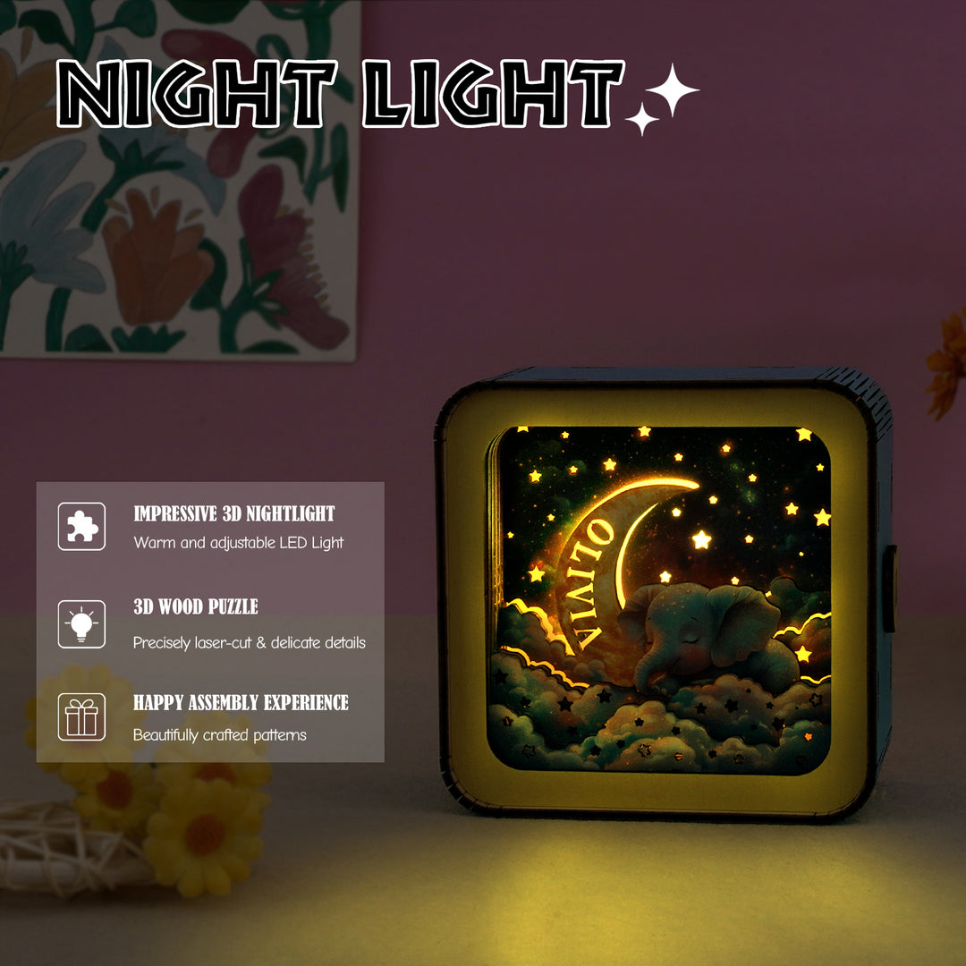 Personalized 3D Wooden Puzzle Baby Night Light - Sleeping Elephant & Moon