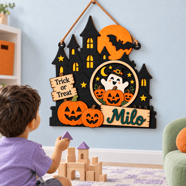 Personalized Kids Halloween Name & Photo Sign for Door & Wall Woodemon