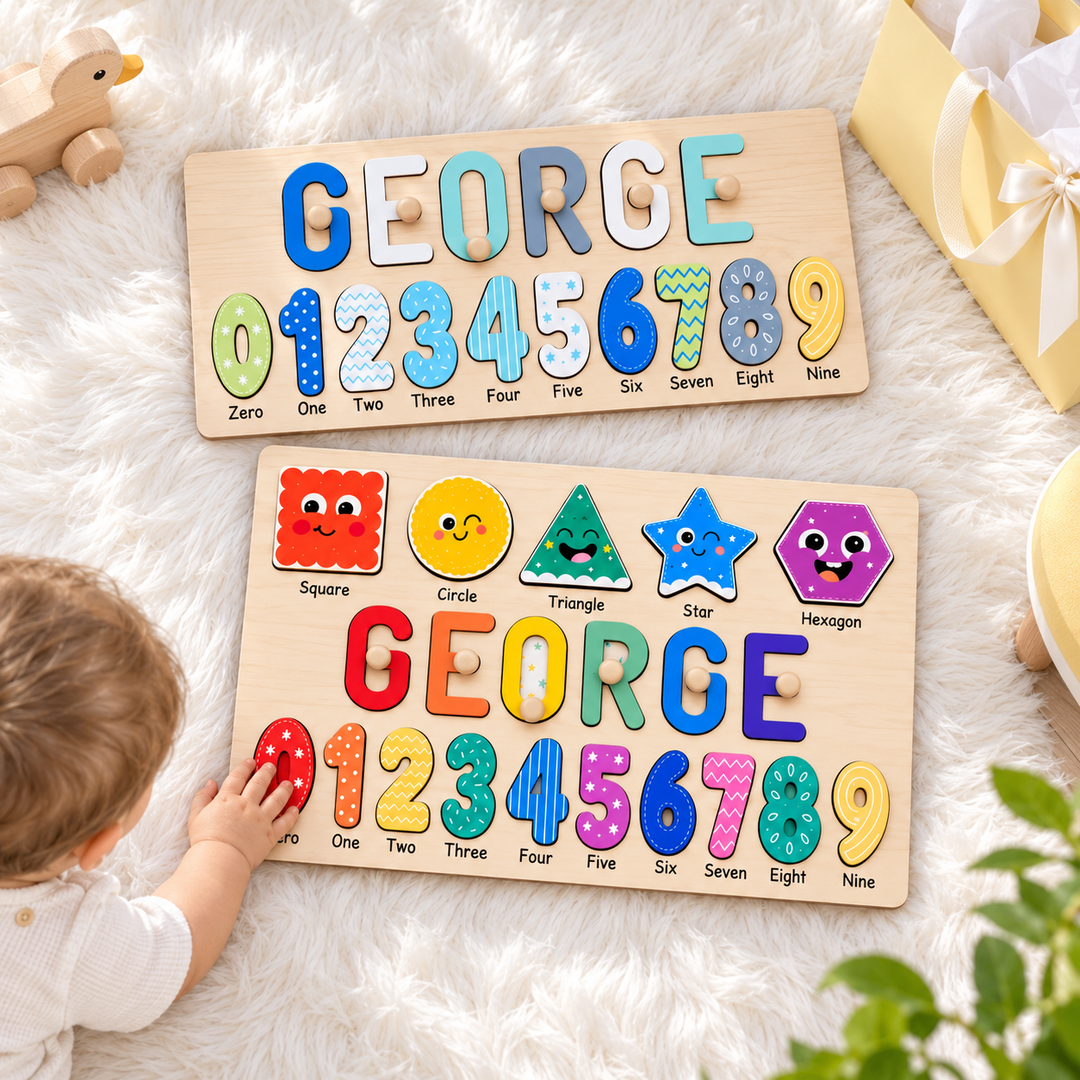 Personalized Wooden Name Puzzle with Numbers & Shapes woodemon