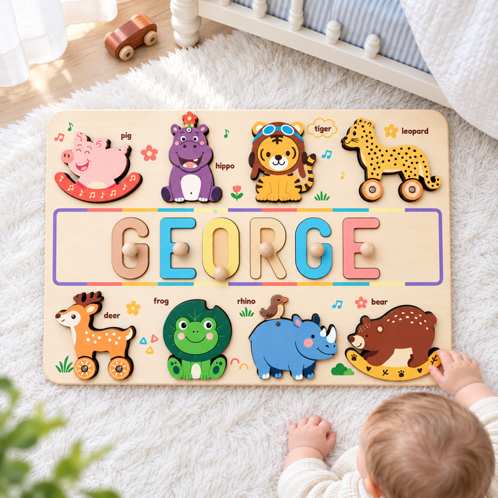 Personalized Wooden Animal Name Puzzle Busy Board Woodemon