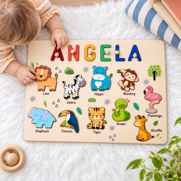 Personalized Wooden Name Puzzle - Safari Animal Learning Toy for Toddlers woodemon