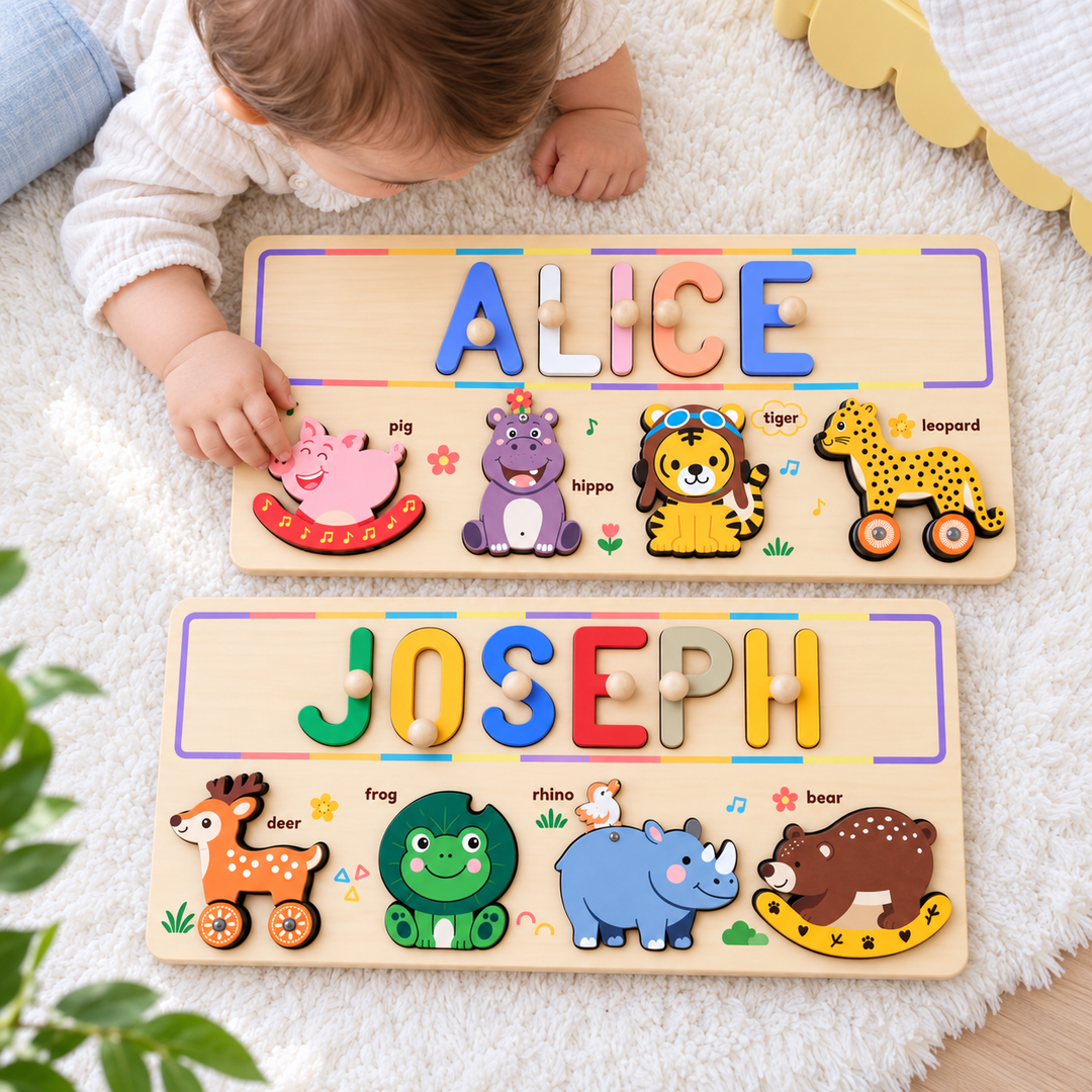 Personalized Wooden Animal Name Puzzle Busy Board Woodemon