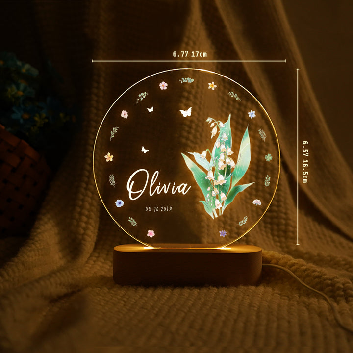 Personalized Birth Flower Name Night Light -  Size