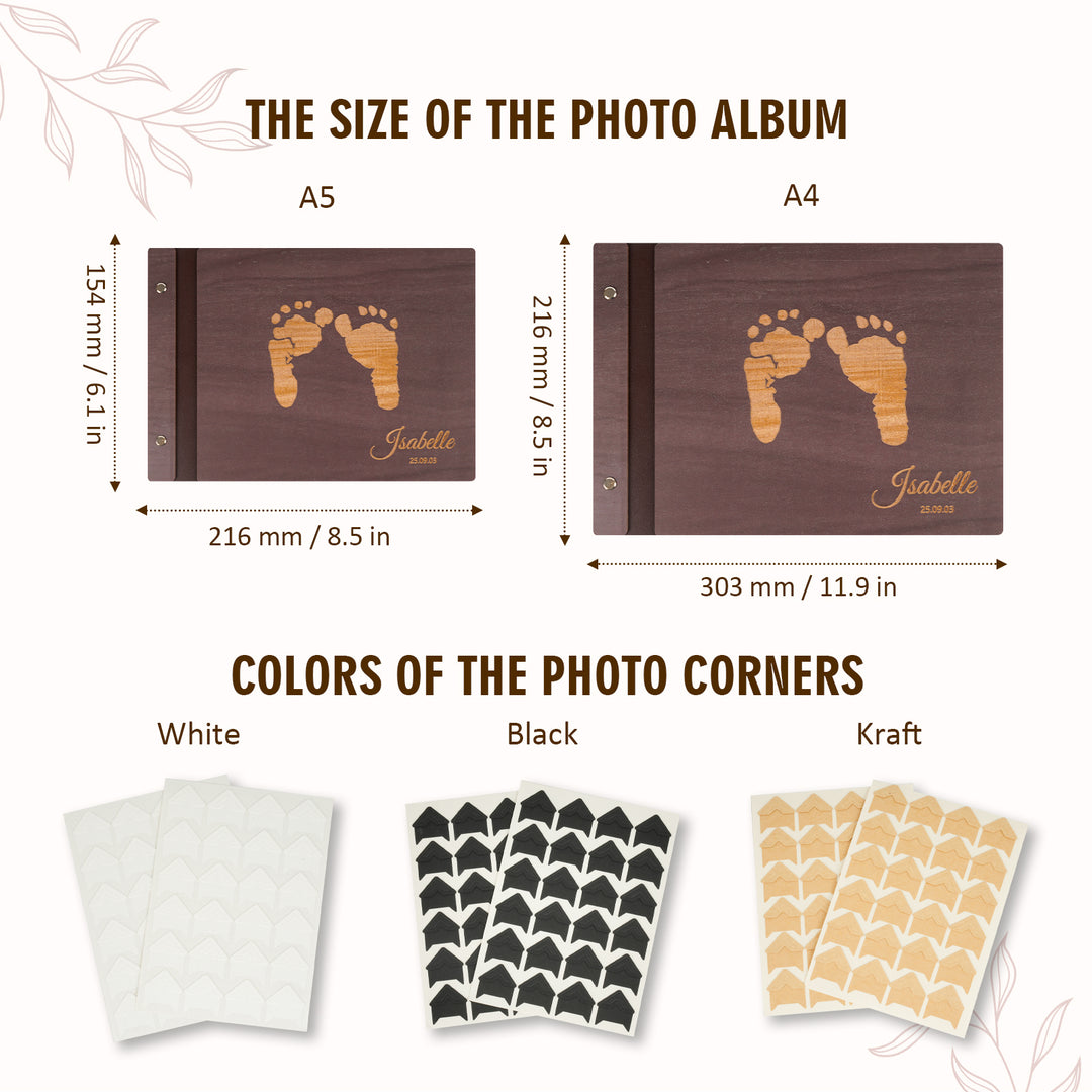 Personalized Baby Photo Album with Name & Birth Date – Wooden Footprint Design