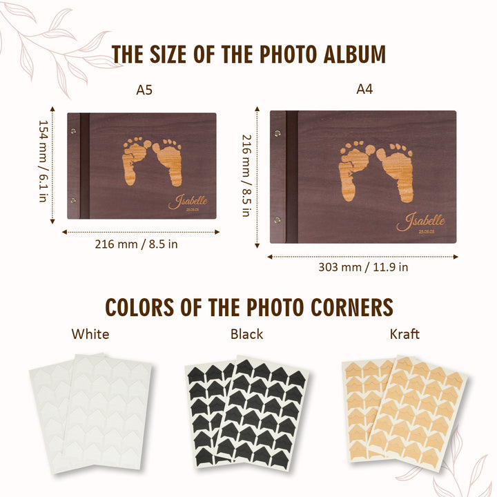 Personalized Baby Photo Album with Name & Birth Date – Wooden Footprint Design