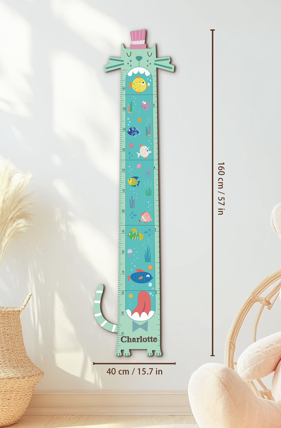Personalized Wooden Ocean Cat Growth Chart for Kids
