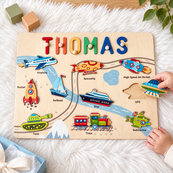 Personalized Wooden Name Puzzle - Vehicle Learning Toy for Toddlers woodemon